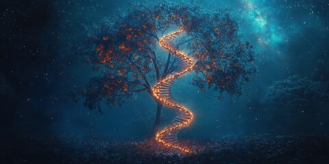 A mystical tree illuminated by a glowing spiral, set in a dreamy, nighttime landscape filled with soft blue hues and enchanting elements.
