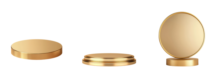 Three gold minimalist geometric shapes including a circle disc and cylinder displayed on a simple white background