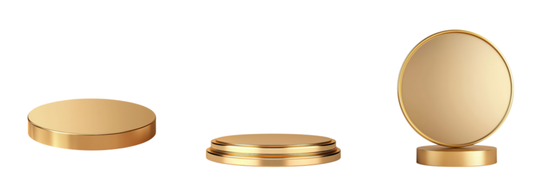 Three gold minimalist geometric shapes including a circle disc and cylinder displayed on a simple white background