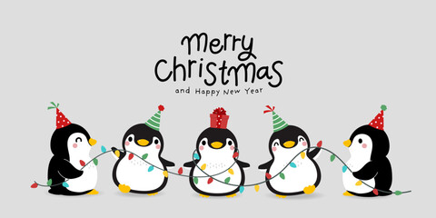 Merry Christmas and happy new year with cute little penguins in party hat and xmas bulb light.  -Vector