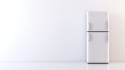 A sleek, modern white refrigerator stands against a minimalist wall, emphasizing simplicity and functionality in kitchen design.