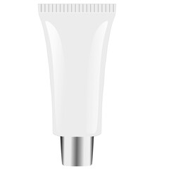 Vector realistic white plastic tube of cosmetic cream with silver cap on transparent background. Design template for graphics, packaging, layout