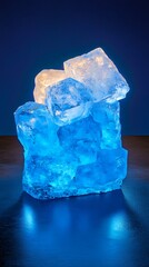 Obraz premium Stacked Ice cubes on blue background with dramatic lighting for refreshing drinks or chilling