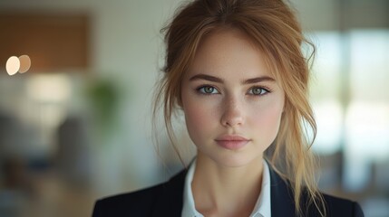 Fototapeta premium A young businesswoman, her sharp eyes focused on the viewer, stands confidently in her office, exuding an aura of professionalism and determination.