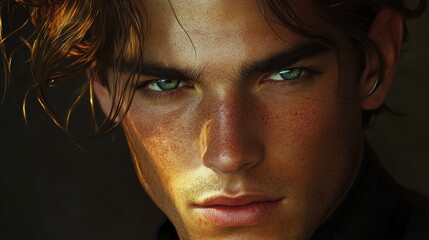 A young man with eyes that sparkled like polished emeralds and hair the color of spun gold gazed intently into the distance, his handsome face a canvas of youthful energy and quiet contemplation.