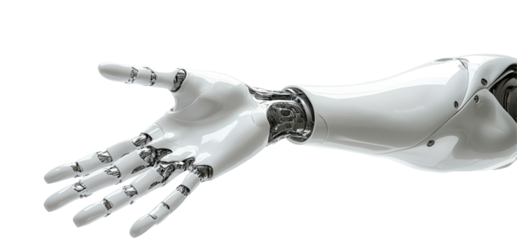 The Future in Hand: A pristine robotic arm, with sleek, metallic components, extends a welcoming hand, symbolizing technological progress and human-machine interaction.