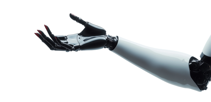 Robot Hand Gesture: A close-up view of a sleek, robotic arm and hand extends, fingers delicately curved in a gesture of offering or invitation.