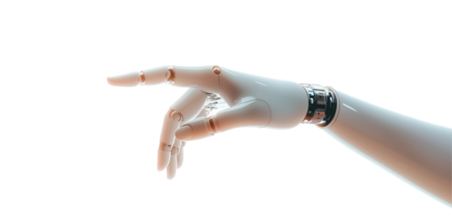 Futuristic Touch: A close-up shot of a sleek robotic hand, outstretched with a delicate gesture. The hand's polished finish and intricate details speak of innovation and technological advancement.