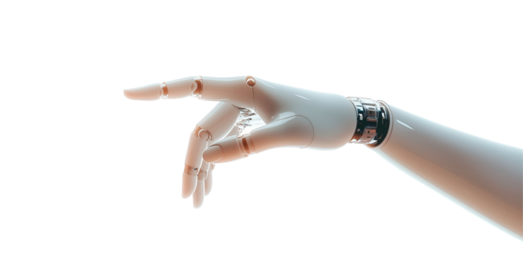 Futuristic Touch: A close-up shot of a sleek robotic hand, outstretched with a delicate gesture. The hand's polished finish and intricate details speak of innovation and technological advancement.