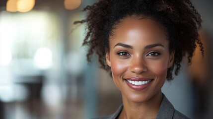 Obraz premium A businesswoman with a warm smile, her eyes twinkling as she gazes into the camera, exudes confidence and professionalism in her modern office setting.