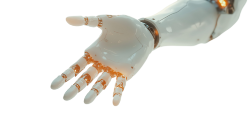 Robotic Hand Extension: A close-up shot of a sleek, futuristic robotic hand extended, showcasing advanced technology and artificial intelligence. 