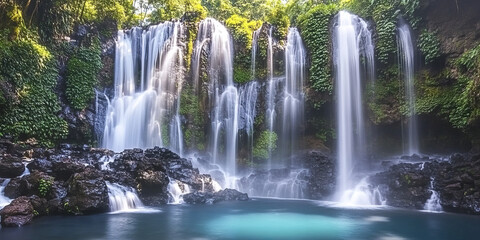 Fototapeta premium Majestic waterfall cascading in lush tropical rainforest