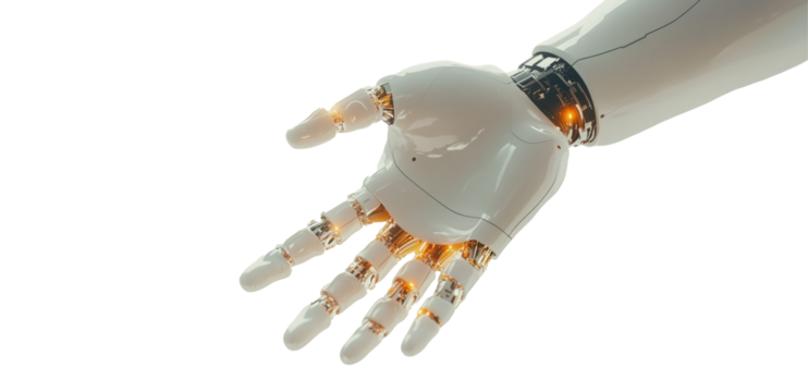 Futuristic Robotic Hand: A close-up view of a sleek, advanced robotic hand with intricate details and mechanical precision, showcasing the future of technology and artificial intelligence.