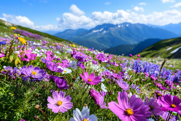 Colorful wildflowers on alpine meadow, mountain landscape, vibrant blooms, scenic view, nature photography