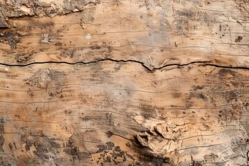 Fototapeta premium Detailed Texture of Weathered Wood: A Close-Up Study Revealing the Natural Grain and Cracks of Aged Timber, Showing Signs of Time and Decomposition, Displaying a Rustic Aesthetic.