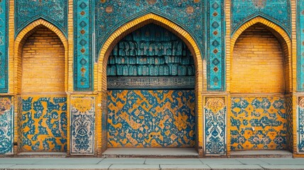 Beautiful ornate turquoise and yellow arched wall structure detail