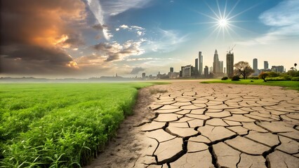 Earth Split by Climate Change Desert vs. Green Field, Hope & Despair V6