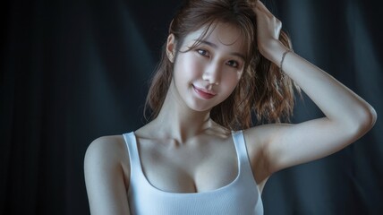 Young woman with headache in glamorous studio setting, showcasing beauty and style