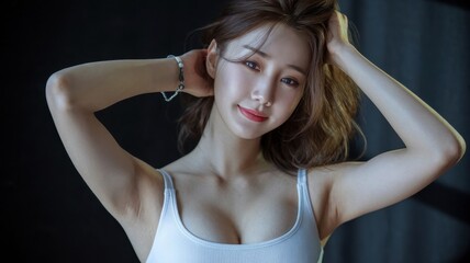 Young woman with headache in glamorous studio setting, showcasing beauty and style