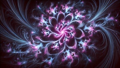 Glowing fractal patterns in vivid purples and blues, set against a black background, perfect for abstract wallpaper