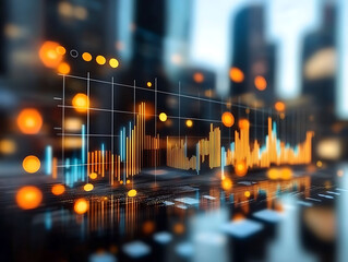 Stunning financial charts and graphs overlaid on a blurred city skyline at night conveying the concepts of business growth investment success economic performance and strategic data visualization,

