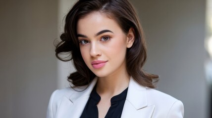 Portrait of a smiling young businesswoman with brunette hair in a shirt