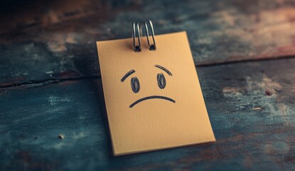 A photograph of an empty sticky note with a drawn sad face on it, placed on a wooden table, with a blurred background