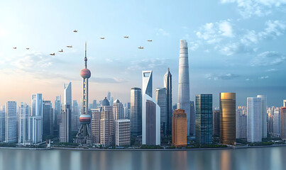 Obraz premium A contemporary skyline of towering skyscrapers defining the dynamic and ambitious business district of a thriving global metropolis This hyper modern cityscape showcases the impressive architecture, 