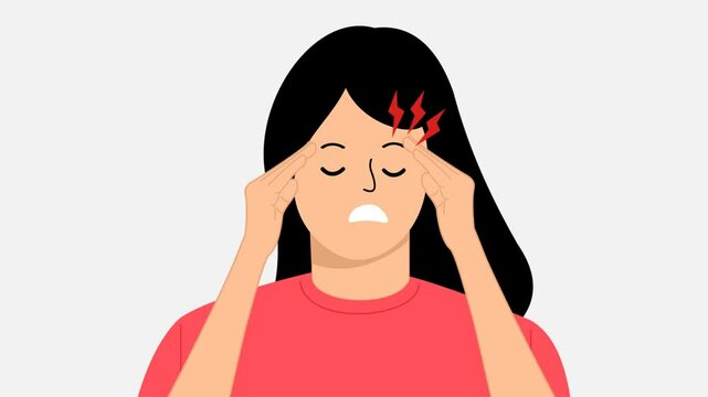 dizzy woman with throbbing head. female suffering from headache
