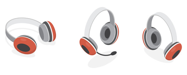 Set of modern colorful headphones isolated on white background. 3d isometric flat vector illustrations.