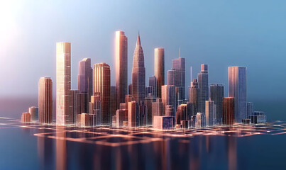 Fototapeta premium Advanced Architectural Holographic Blueprint of a Futuristic Digital City Skyline with Skyscrapers Minimalist Geometric Patterns and Gradient Lighting Effects ,