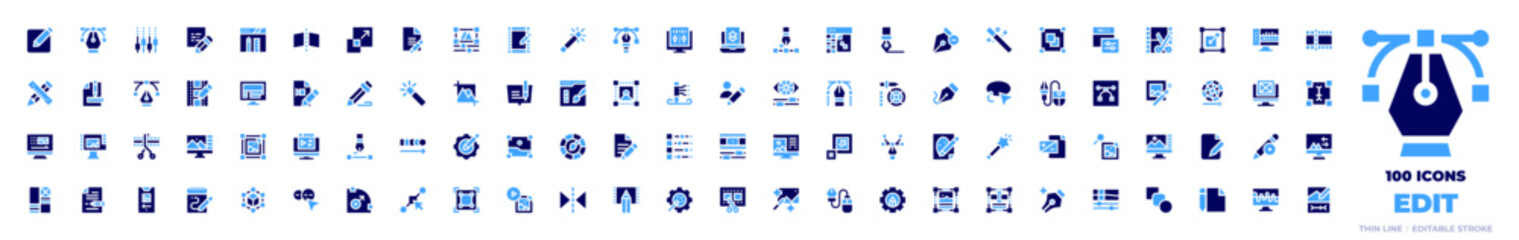 100 Edit Icons Collection. Bold style. Duotone colors. edit, graphic design, mixer, note, edit video, flip, scale, edit file, photo editing, magic wand
