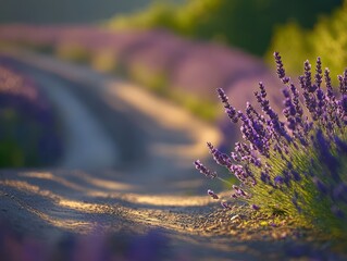 Lavender fields stretch along the winding dirt road at sunset