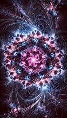 Glowing fractal patterns in vivid purples and blues, set against a black background, perfect for abstract wallpaper