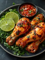 Roasted chicken drumsticks with spicy chili sauce and lime wedges