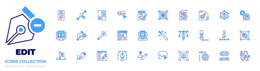 Edit icon collection. Bold line style. Duotone colors. user, graphics edition, photo editing, sound editing, magic wand, highlighter, write, scale, add