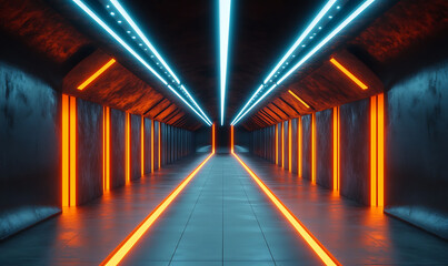 Futuristic and minimalist underground research facility with a sleek geometric architectural design and glowing illuminated orange and blue lights lining the high tech tunnel This surreal,


