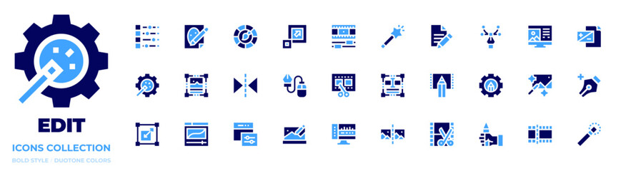 Edit icon collection. Bold style. Duotone colors. file, video editing, video edition, image, movie, video editor, audio editing, editing, gear, flip