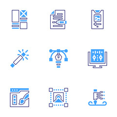 Edit icon set. Bold line style. Duotone colors. Editable stroke. graphics edition, photo editing, sound editing, magic wand, highlighter, write, web design