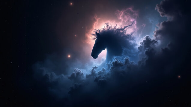 A celestial steed emerges from a swirling nebula, its mane a radiant storm. A cosmic vision of power and grace.