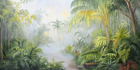 Lush rainforest with morning fog and vibrant greenery