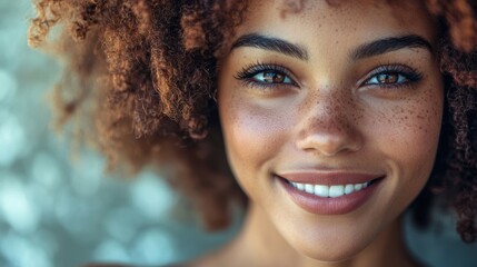 A woman with a radiant afro, her eyes sparkling with joy and her smile radiating warmth, embodies positivity and confidence.