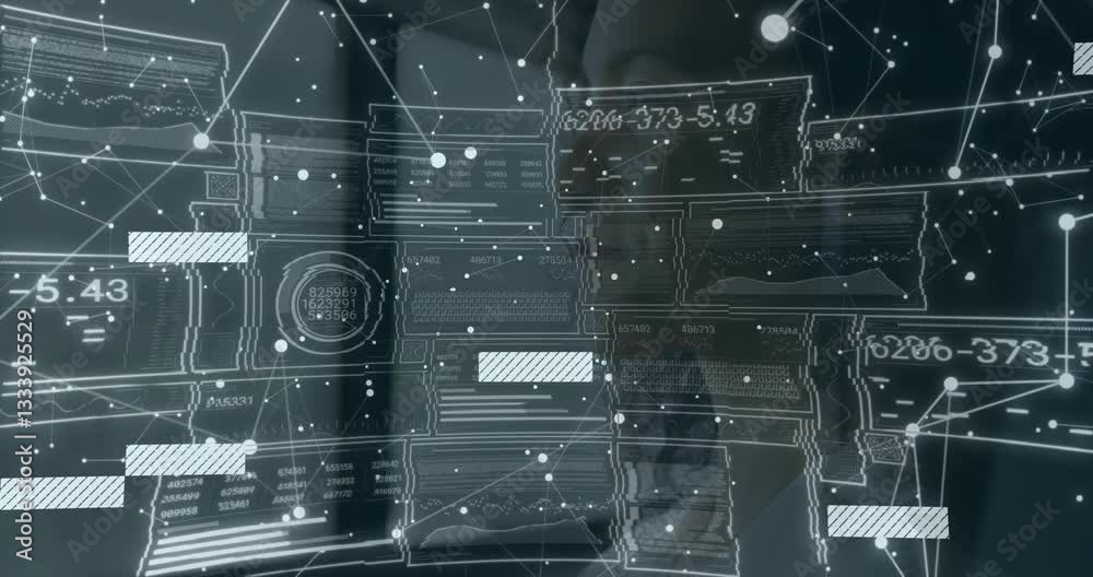 Poster digital interface with data charts and graphs over network connections animation