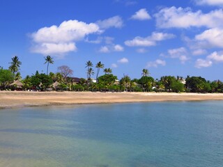 Exotic beach with calm blue sea, sand and palm trees. Coastline picture with blue sky and clouds. Travel picture, tropical paradise beach.