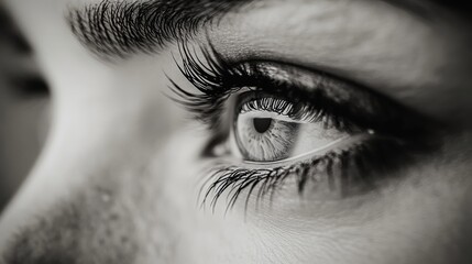 Obraz premium A close-up of a squinting eye, its pupil a dark pit, framed by a cascade of wispy eyelashes and the faint outline of an eyebrow, revealing a hint of mystery and introspection.