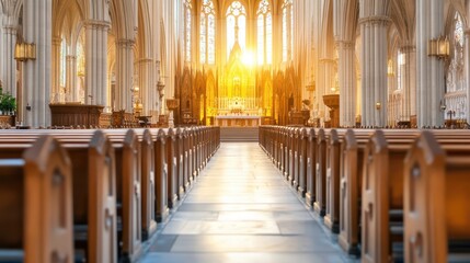 Fototapeta premium Pathway to Divinity: A sunlit pathway leads through a grand church interior, lined with rows of pews. The architectural beauty of the sacred space is highlighted by the sun's rays