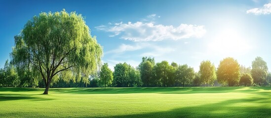 Beautiful green meadow with a willow tree in the park against a blue sky background, panoramic view. 
