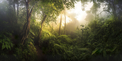 Misty morning at lush forest with soft golden light filtering through