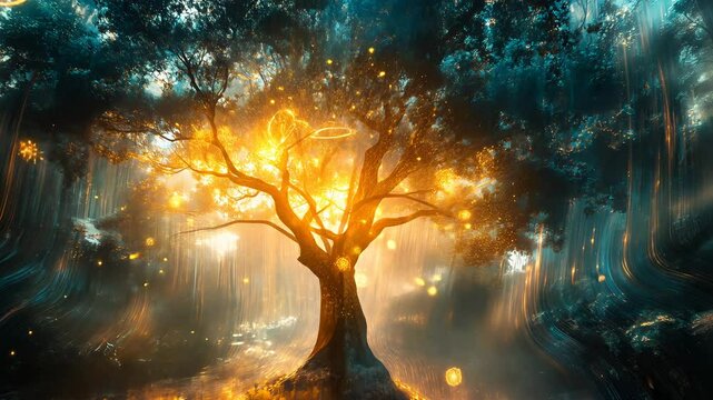 Step into a tranquil virtual reality meditation space where a magnificent tree radiates golden light amidst an ethereal environment. This enchanting setting invites deep relaxation and mindfulness.