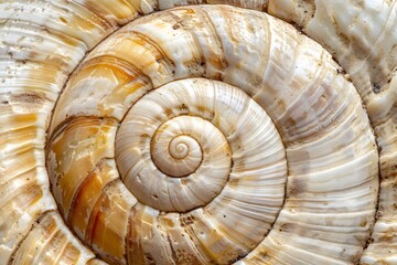 Seashell's Spiral: A Close-Up Look at Nature's Geometry, Revealing the Intricate Details of Shell Texture and Growth Patterns, Exhibiting Stunning Hues of Beige and Brown
